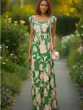 Emerald Maxi Dress-Floral Tiered Maxi Dress- Size Large- Like New-$168 Retail